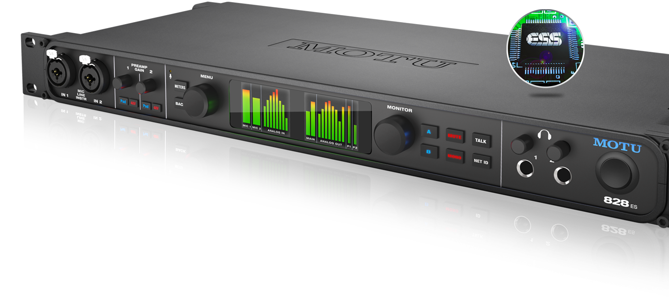 Audio Interfaces (Thunderbolt / AVB / USB) 28 x 32 I/O with 2 mic/lin/instr, 48-ch mixing, MIDI, AVB-TSN, time code - MOTU -- 828ES